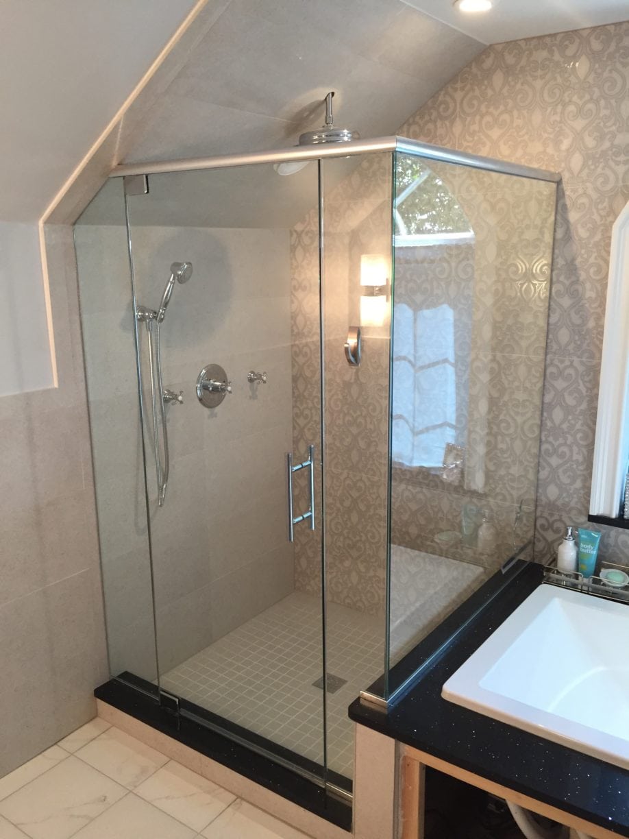 Frameless Corner Shower with Angled Ceiling